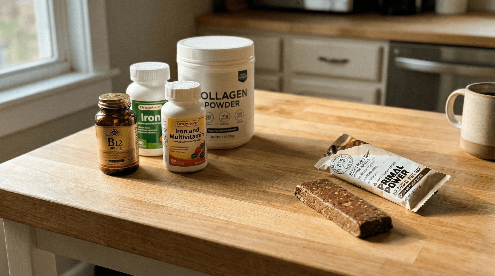 A protein bar next to the supplement bottles it could replace — B12, iron, multivitamin, and collagen